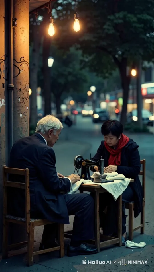 两位中国老人坐在街边聊天，真人的动作，符合逻辑，人物脸部不变形。画面真实，画面流畅，生动細节，不模糊，高质量，没有瑕疵，整体不变形.[推出,上升,下摇] by Hailuo AI Video Generator