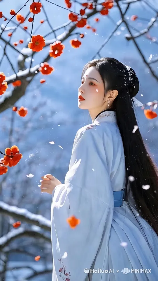 参考《红楼梦》中的林黛玉葬花片段，生成一段视频，在梅花林中，一位多愁善感的美女，在葬花，周围都是红梅林。画面绝美，电影级光影。画面清晰，细节真实。[右摇,推进,上升] by Hailuo AI Video Generator