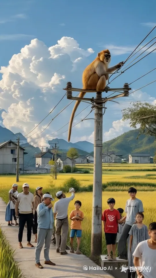 猴子在线上爬，碰到电线时，猴子身上火花四溅，被电倒，掉落到地面上，人们散开 by Hailuo AI Video Generator