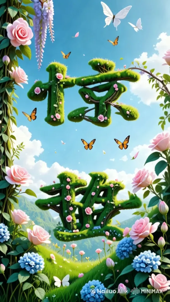鲜花、树叶、草地随风轻轻摆动，蝴蝶飞舞，主体字轻轻上下移动，天空白云缓缓移动，[左移,推进,右摇] by Hailuo AI Video Generator