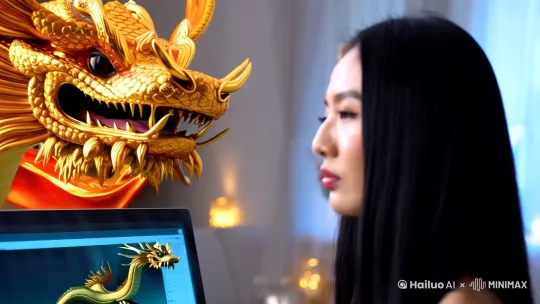 从电脑屏幕内，[左移,推进,右摇]钻出了一条中国元素的喷涂火焰的五爪金龙，要求对龙进行细致建模，龙爪、龙眼、龙头、龙鳞等都3D呈现[下降,上摇]，电脑前座着一个黑丝长发美女。[左移,推进,右摇] by Hailuo AI Video Generator