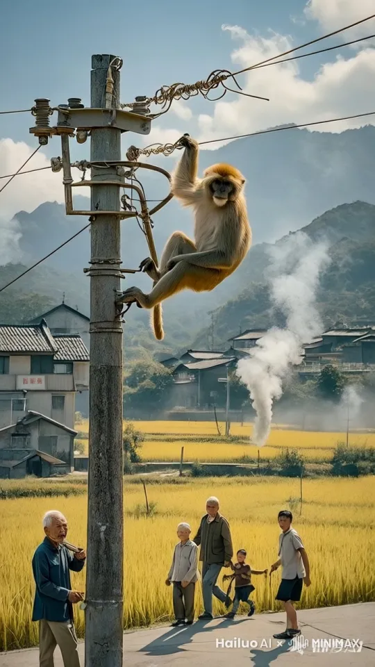 猴子在线上爬，碰到电线时，猴子身上火花四溅，被电倒，掉落到地面上，人们散开 by Hailuo AI Video Generator