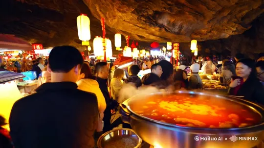 重庆洪崖洞内部夜市，热辣的九宫格火锅、冰粉小摊蒸汽升腾（镜头穿梭于美食摊位）。 by Hailuo AI Video Generator