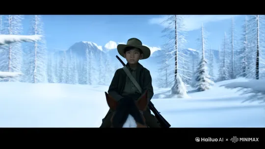 一个牛仔骑着马，穿过一片雪景，身后绑着一支步枪。他戴着宽边帽，身穿老旧的布衣。在他身后的远处，是高大的云杉林，林外是令人叹为观止的白雪皑皑的群山，地面上覆盖着洁白的积雪，牛仔缓缓在寒冷的旷野中骑马前行。他盯着前方，显得坚毅且勇敢 by Hailuo AI Video Generator