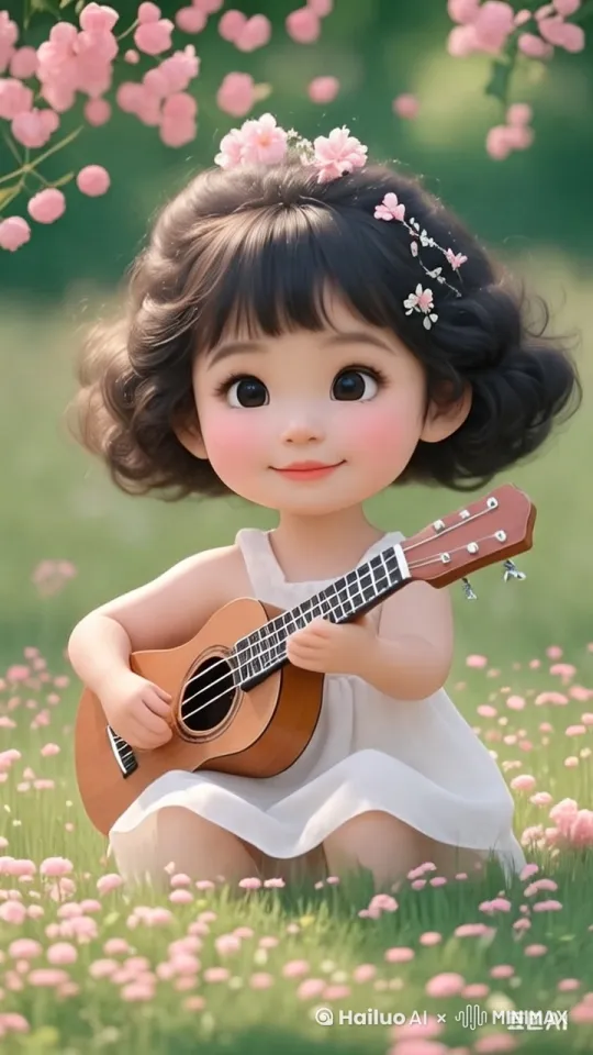 小女孩站起来，美丽动人，弹着吉他，动作丝滑流畅，镜头渐渐拉远。有粉色花瓣落下来 by Hailuo AI Video Generator