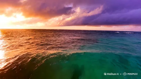 "Low-altitude drone shot skimming over turquoise waves, golden sunlight piercing through purple cumulus clouds, shallow water revealing starfish and seashells on seabed, lens flare from sun positioned at frame edge, cinematic anamorphic bokeh, GoPro Hero 11 realism, ultra-sharp details in water droplets and sand grains --chaos 20" by Hailuo AI Video Generator