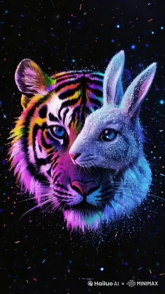现代抽象艺术，数字码流，由无数彩色的粒子构成的抽象世界，粒子不停地动态变换，形成变幻莫测的几何图案，萌兔子骑着威武的老虎，轮廓，虚无，黑暗，美丽和美学。 by Hailuo AI Video Generator