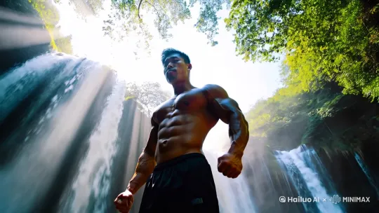 male,asian,muscular,tanlines,flexing,grove,waterfall,Tyndall effect,absurdres,upper_body,from_below,looking_at_viewer by Hailuo AI Video Generator