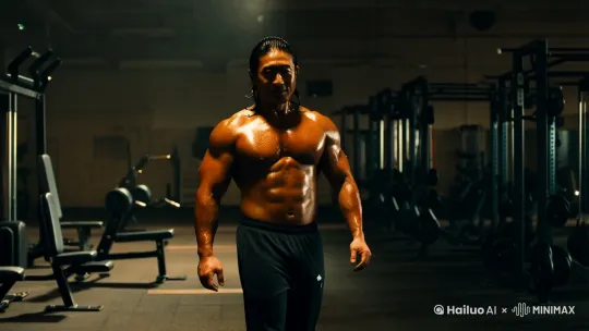 A chinese man standing in the gym, without a shirt, with well-developed muscles, dark skin, and some sweat stains on his skin, wearing a pair of fitness pants and fitness equipment at the back, black hair, wet hair, grin, cinematic lighting, anatomically correct, textured skin, best quality by Hailuo AI Video Generator