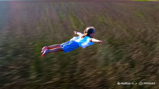 快速高空跟踪镜头移动，无人机视角，一个小女孩俯卧姿势向前飞行，轻松地在田野之间飞行，双臂向两侧伸展，双腿略微分开，捕捉平滑水平[跟随]的感觉，衣服随风摇摆，相机从略高位置的俯视角度紧密跟踪从左后方向右后方移动，保持对俯卧姿势的持续视角，随着角色迅速穿越场景，环境是动态的，快速变化，田里有老人在行走，运动模糊和光迹增强了速度感和流畅性，快速移动 by Hailuo AI Video Generator