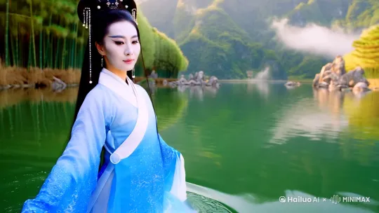 中国古典写实摄影风格，唐代仕女，精致鹅蛋脸，柳叶眉丹凤眼，皮肤瓷白透光，乌黑云鬓盘成垂髻，发间点缀珍珠步摇，身着蓝白渐变齐胸襦裙，真丝面料泛着柔光，水袖长两丈飘逸如云，在碧绿湖面凌波微步，足尖点起圈圈涟漪，背后青黛色山峦云雾缭绕采用浅景深虚化处理，晨光穿透竹林在纱袖上洒下斑驳光晕，水面倒映着苍松怪石，远处瀑布如白练垂落深潭，整体画面呈现《洛神赋图》的东方美学意境，超高清8K画质，自然光影渲染，发丝与衣褶细节清晰可见，使用哈苏X2D相机拍摄效果 by Hailuo AI Video Generator