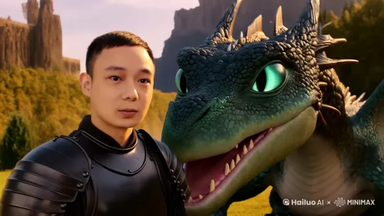 在场景中，他身穿中世纪风格的黑色铠甲。在身影的右后方，躺卧着一条巨大的龙，它的皮肤纹理和细节清晰可见。龙的眼睛像巨大的绿宝石一样闪闪发光，瞳孔像尖针一样锐利。龙表现得像身影的宠物一样，温顺地低下头，让身影抚摸它。整个场景的风格让人想起《权力的游戏》的美学。 by Hailuo AI Video Generator