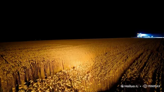 深夜农场，天空要比地面黑得多，带点深黑色，一大片金黄色的麦子地 ，麦子要看起来被风吹得往右边歪+ 无人机挂着大灯，在天向下照明 + 收割机没有灯光作业  ，收割机后面要冒一点点白烟，[下摇]
高清画质 + 真实风格 + 4k超清 by Hailuo AI Video Generator