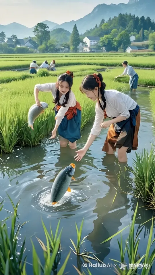 看到鱼，两姑娘伸手去抓，结果水里一下子跳出了成千上刀的乌龟，吓的姑娘们四处逃窜 by Hailuo AI Video Generator