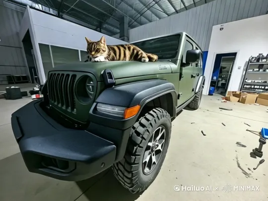 镜头拉近，狸花猫站起来，在机盖上跳舞像人一样站起来跳舞，猫咪要细腻，看清毛发，眼睛要灵活有神 by Hailuo AI Video Generator