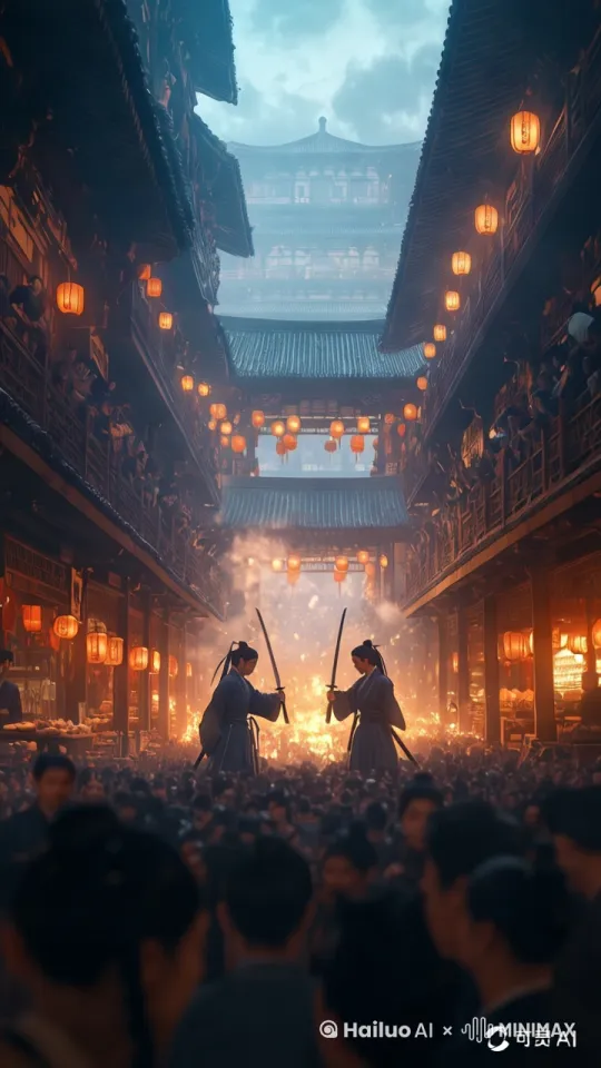 镜头移动，动态跟随，展现一个史诗般的激烈打斗场面。两个人正在进行惊心动魄的中国功夫对决，身形矫健，步伐灵活，每一个动作都充满力量与技巧。一人率先发动攻击，以迅雷不及掩耳之势踢出一记凌厉的侧踢，另一人迅速后仰躲避，紧接着回击一套连贯的拳法，拳风呼啸。他们的招式刚柔并济，时而是刚猛的直拳，时而是柔美的转身回旋踢。身影交错之间，地面的尘土飞扬而起，镜头动态跟随，从不同角度展现他们激烈的交锋，周围的人拍手叫好。
 by Hailuo AI Video Generator