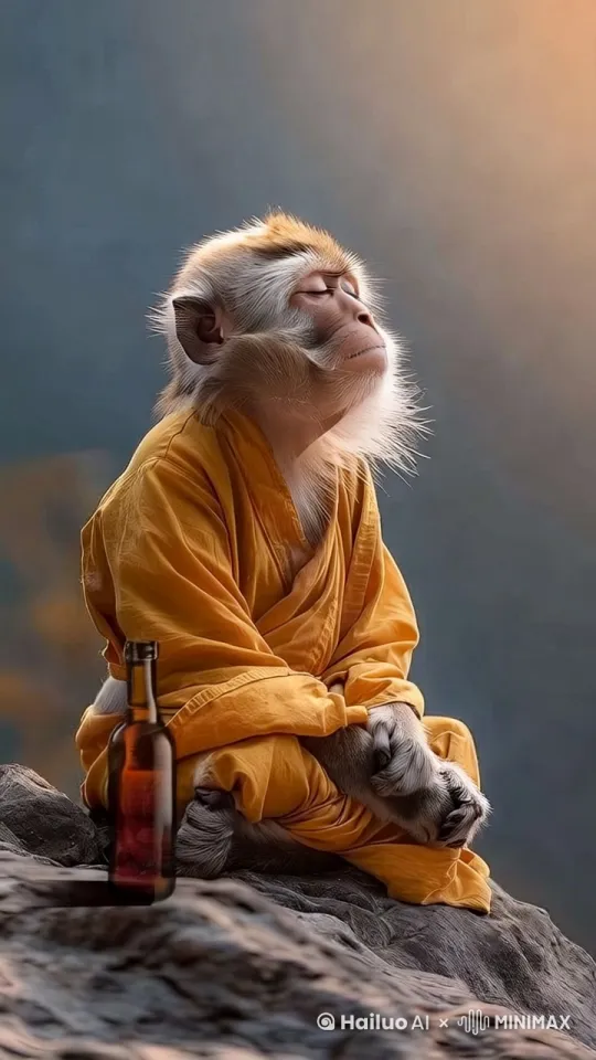 微风轻轻吹动身上的毛发，脸上的毛发在风中轻轻不停地飘拂着，身上的衣服也在风中吹动轻微有动感，头轻轻转过右边一点点，略微睁开眼睛一条缝瞄一眼，右手轻轻抓起酒瓶放嘴边用力喝了一只并吞下，有吞咽动作和腹部衣服有动感，再放下瓶子，然后恢复初前动作，再任风吹动毛发。 by Hailuo AI Video Generator