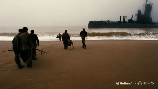 [左移,上升]远景
画面：六名工人缓慢行走在荒凉的海滩上，他们身着深色破旧的衣服，背着工具和背包，身影被弥漫的棕褐色雾气半掩。背景中，巨大的潜艇残骸轮廓若隐若现。
音效：潮水轻拍岸边的声音，偶尔有风声。 by Hailuo AI Video Generator