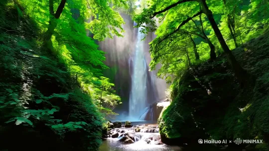 一个瀑布在森林中流淌，郁郁葱葱的森林中，一道清澈的瀑布从山间倾泻而下，水雾弥漫，镜头缓缓推进，穿过茂密的树木，展现一座隐藏在森林深处的瀑布，阳光透过树叶洒下斑驳光影，水流冲击岩石发出悦耳的声音，画面色调清新自然，氛围宁静而神秘。 by Hailuo AI Video Generator