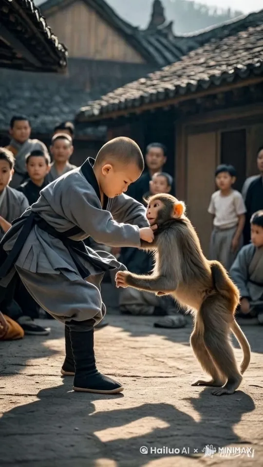 阳光明媚的早晨，一只憨态可掬的人似化小猴子与一位两岁男童竟上演了一场别开生面的，打架戏，只见猴子凶巴巴的往小男孩脸狠狠打下去，而小男孩则挥舞着小拳头，狠狠的也往小猴子身上拳打脚踢，生死决斗，越打越激烈，速度飞快，电影版的功夫化，不相上下，周围的人群，纷纷的鼓掌 by Hailuo AI Video Generator