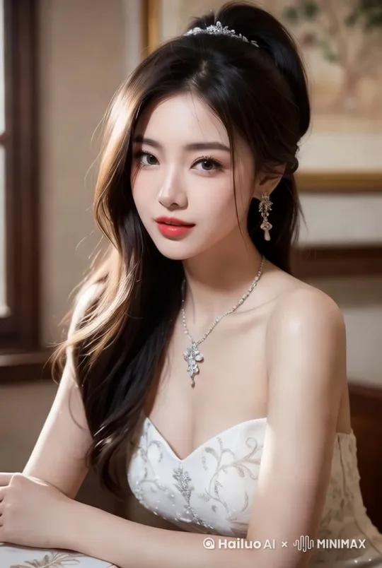 镜头平推拉进，美女拿起高脚杯说干杯，镜头有旋转到侧面，美女轻抬脖子喝了一小口酒 by Hailuo AI Video Generator