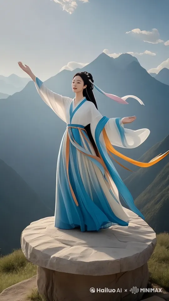镜头描准一个站在石台上的美女，紧密跟踪，无人机视角一个超现实的高速梦境序列，美女像灵动的精灵一样飞向空中，摄像头快速高空跟踪镜头移动，美女轻松的在空中滑行，双臂向两侧伸展，头部向前，捕捉平滑水平飞行的感觉。头发，衣服随风摇摆，相机紧密跟踪，相机从略高位置的俯视角度紧密跟踪从左后方向右后方移动，随着美女角色迅速穿越场景，环境是动态的，快速变化。下面有高山，湖泊和盛开的花朵以及树林。运动模糊和光迹增强了速度感和流畅性，快速移动，仿佛是好莱坞顶级大片中令人惊艳的一幕。 by Hailuo AI Video Generator