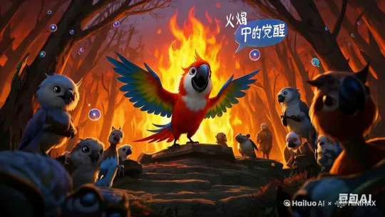 鹦鹉爆发出洪荒之力，并控制了小动物。夜空被怒火照亮，动物们组合成一只巨兽[左移,推进,右摇] by Hailuo AI Video Generator