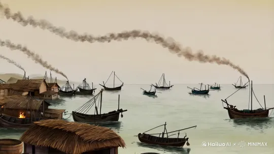 水墨渔村，炊烟袅袅，渔船点缀海面，远远景平移镜头，水墨风 by Hailuo AI Video Generator