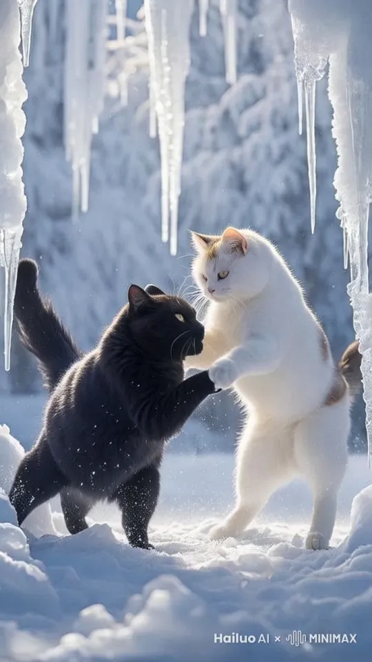 两只猫咪打架，有来有回，黑猫被打倒 by Hailuo AI Video Generator