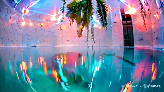"First-person view, surreal dreamcore aesthetics, indoor infinity pool with turquoise water, glossy white geometric tiles reflecting light trails, floating palm leaves and creeping vines in misty air, fisheye lens distortion, soft focus edges blending reality and fantasy, pastel cyan and coral lighting from unseen sources, water droplets sliding across camera lens, slow liquid ripple animation in loop, vaporwave color gradient transitions, nostalgic VHS filter with analog noise, ambient water sounds with ethereal synth pads in background --ar 9:16 --v 6.0"[推进] by Hailuo AI Video Generator