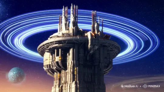 巨大的奇幻空间站漂浮在宇宙里，高度200米，背景是深度宇宙空间，空间星球的光环清晰可见，旋转周期23秒，每10秒有人造飞船飞向深空 by Hailuo AI Video Generator