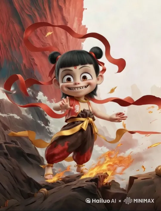 哪吒在空中打拳，脚底火焰跟随 by Hailuo AI Video Generator