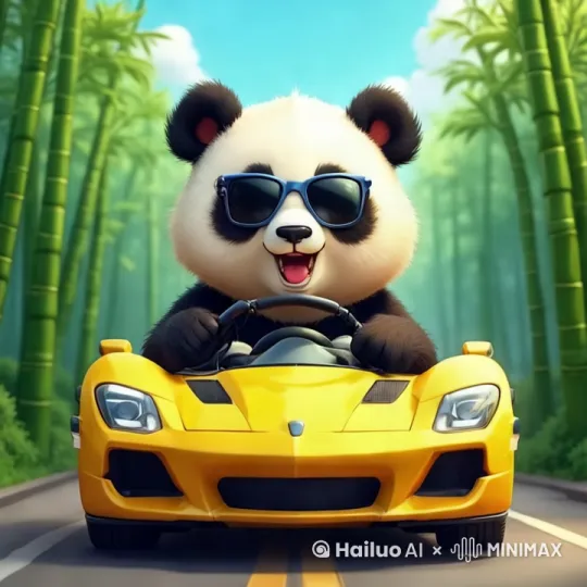 一只熊猫，戴着蓝色的太阳镜，正坐在一辆极速前进的黄色跑车的驾驶座上。这辆跑车设计现代，线条流畅，具有明显的空气动力学特征，比如车头的大灯和车身前的进气口。背景是一片翠绿的竹林，天空晴朗，呈现出美丽的蓝色。熊猫的表情显得非常兴奋和开心，整个画面充满了活力和趣味，镜头拉远看到前面的路还很长 by Hailuo AI Video Generator