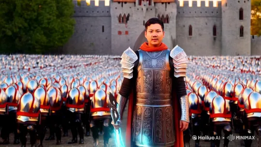身披中世纪武士铠甲，电影风 真人，拿出一把巨大的激光剑，在城堡外指挥百万军队 by Hailuo AI Video Generator