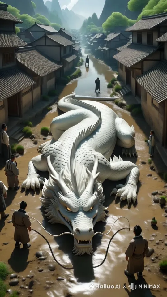 龙张嘴咆哮，围观的人上前抚摸龙 by Hailuo AI Video Generator