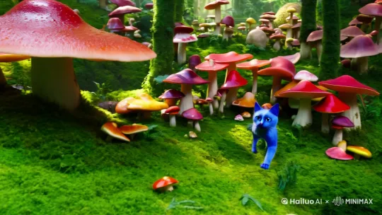 一只蓝色的猫在蘑菇堆里面 by Hailuo AI Video Generator