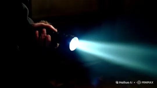 [右摇]男主角手电筒光束掠过残破医疗推车，玻璃药瓶随[晃动]震动滚落，推车下层露出半截裹着腐肉的断肢。动态细节：墙面血痕随光照角度变化呈现人脸轮廓。 by Hailuo AI Video Generator
