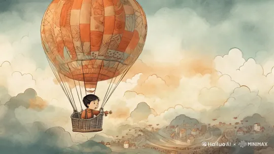 [右移,左摇,跟随]热气球在空中飘荡，小男孩开心的拍起手来 by Hailuo AI Video Generator