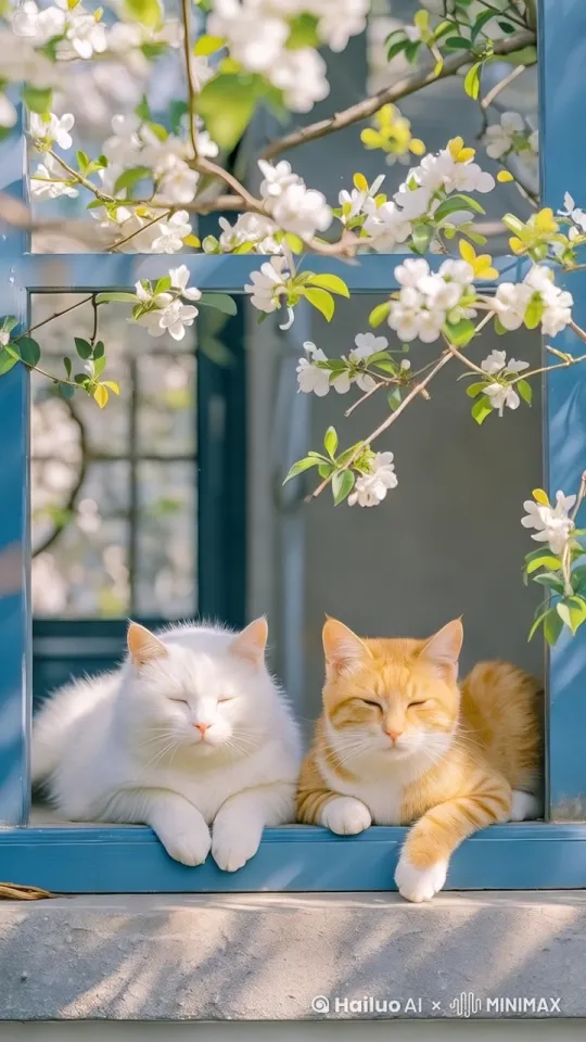 两只猫咪慵懒地趴在蓝色窗台上，白猫咪和橘猫咪双眼紧闭，似在惬意打盹 。微风轻拂，枝头的白色花朵与嫩绿叶片轻轻晃动，偶尔有花瓣飘落，光影在猫咪身上和窗台间缓缓移动 。 by Hailuo AI Video Generator