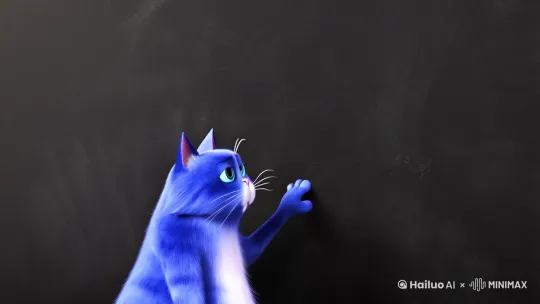 一只蓝色的胖猫人在黑板画了一个直角三角形，并把三边分别记作a，b，c，旁边写着a²+b²=c² by Hailuo AI Video Generator