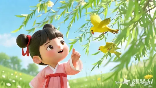 1. 推镜聚焦小女孩仰首的纯真表情
2. 缓升镜头呈现汉服束腰与飘动发带
3 环绕跟拍黄鹂穿梭柳枝的动态轨迹
4. 低角度仰视捕捉花瓣旋落的光影
5. 移轴特写柳丝拂过发簪的颤动细节
6. 逆光平移突显侧影与通透光效
8. 动态模糊处理黄鹂振翅的瞬间 by Hailuo AI Video Generator