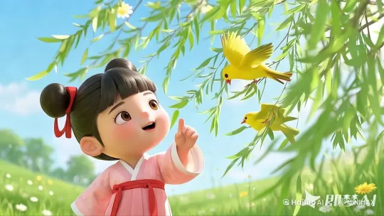 1. 推镜聚焦小女孩仰首的纯真表情
2. 缓升镜头呈现汉服束腰与飘动发带
3 环绕跟拍黄鹂穿梭柳枝的动态轨迹
4. 低角度仰视捕捉花瓣旋落的光影 by Hailuo AI Video Generator