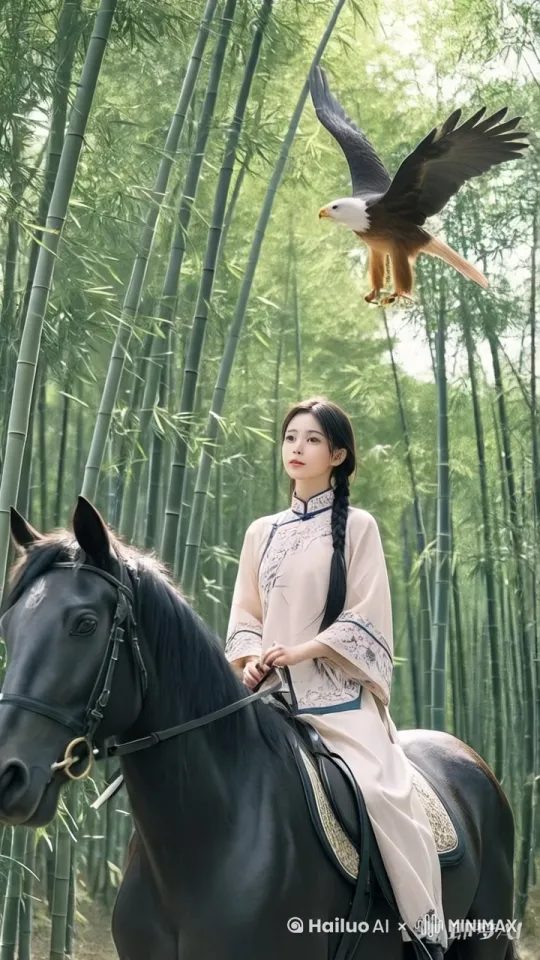 美女用中国功夫向上飞快地腾空而起，抓住天上的老鹰飞走。骏马飞快地追赶美女，动态跟随，镜头移动 by Hailuo AI Video Generator