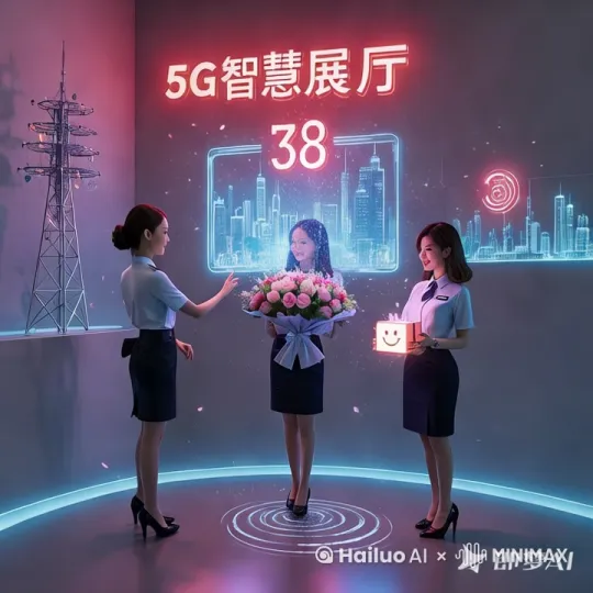未来科技温馨场景，三位身着移动制服的女性在5G智慧展厅内互动。角色呈动态协作姿态：左侧人物指尖操控悬浮光屏显示流动的5G速率波纹，中间人物接收全息投影花束（花瓣由粒子化信号图标组成），右侧人物开启发光礼盒（盒内升起渐变粒子组成的"38"数字）。背景为星空蓝渐变玻璃幕墙，墙面流动光纤形成隐形基站轮廓，地面倒影呈现涟漪状数据流。顶部标题采用立体光缆编织字体，花束周围环绕旋转的微缩信号塔模型，礼盒溢出光粒构成微笑表情符号，背景虚拟屏幕展现动态城市连接图，空中漂浮晶透数据包与发光花瓣交织特效 by Hailuo AI Video Generator
