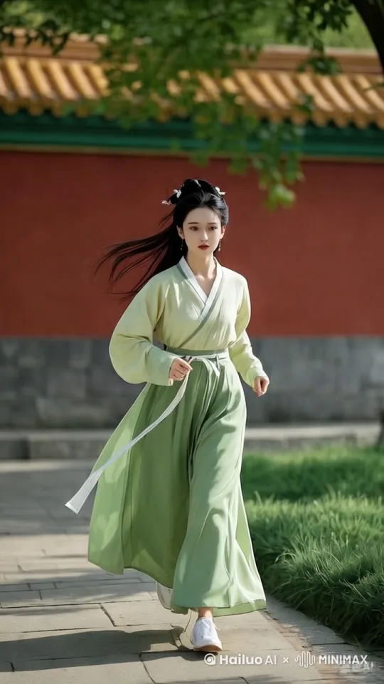 一个女孩跑来[推出,上升,下摇] by Hailuo AI Video Generator