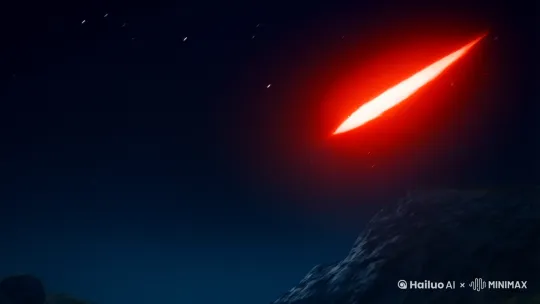 画面：
一颗赤红色的流星划破夜空，拖着长长的尾焰，坠向山脉深处。流星的光芒照亮整片天空，山林间的野兽四散奔逃，鸟群惊飞。

音效：
流星划破空气的呼啸声，野兽的低吼，鸟群的扑翅声。

旁白：
“一颗赤红色的流星，打破了夜的宁静。它的光芒，仿佛预示着一场巨变的降临。” by Hailuo AI Video Generator