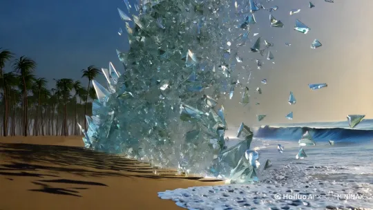 流体模拟海浪，海浪撞击屏幕后碎裂为玻璃残片，碎片映射出海滩椰树倒影 by Hailuo AI Video Generator