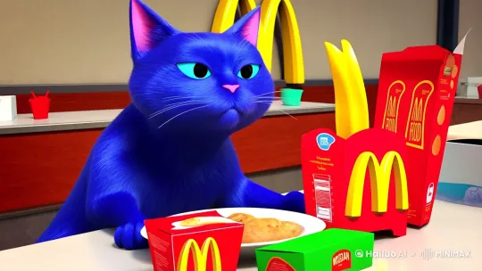 一只蓝色的猫在吃麦当劳，然后一只鱼把猫推进河里，然后被科比布莱恩救上去，科比再给猫吃鸡肉卷和金色树叶 by Hailuo AI Video Generator
