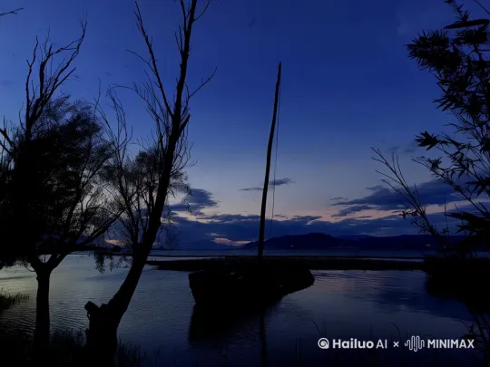 晚霞慢慢流动，海浪慢慢拍打岸边，和谐柔美，不运镜，固定镜头，小的树叶轻轻摇曳 by Hailuo AI Video Generator
