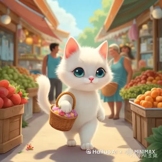 白色猫咪，逛市场，在一个水果摊停下。卖水果的是狐狸，双方讨价还价 by Hailuo AI Video Generator